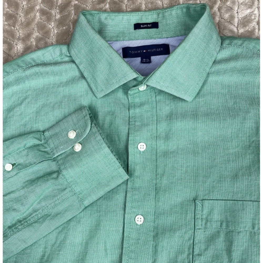 Tommy Hilfiger Shirt Mens Size 15.5 Green Long‎ Sleeve Slim Fit Collared